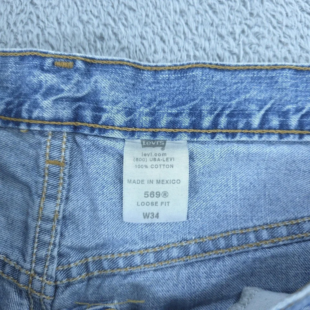 Levis 569 Denim Shorts Mens 34 Blue Relaxed Fit Bermuda Light Wash 11 Inseam
